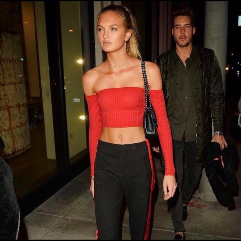 Are You Am I red off shoulder crop top